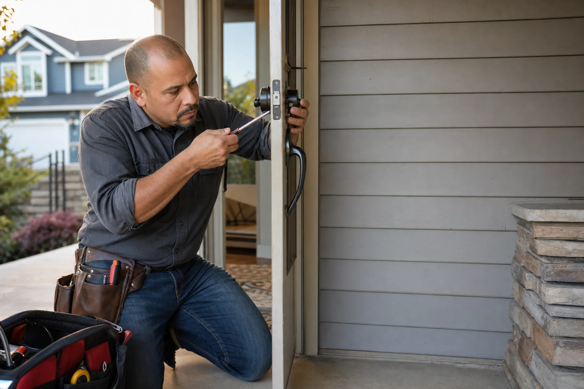 A locksmith fitting a new deadbolt on an open front door
