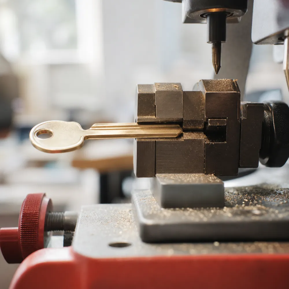 A cut key held in the jaws of a key cutting machine in daylight