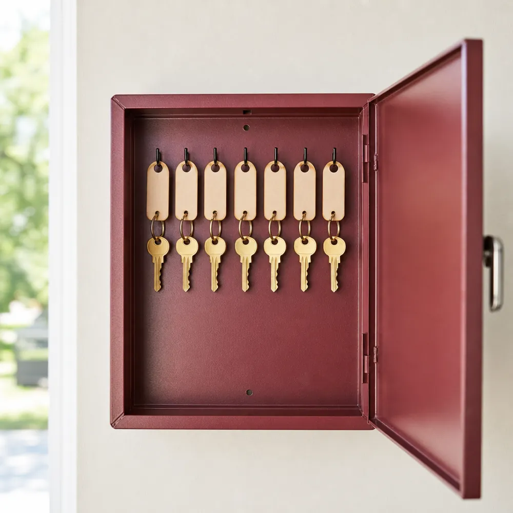 A row of keys hanging on hooks inside an open key cabinet