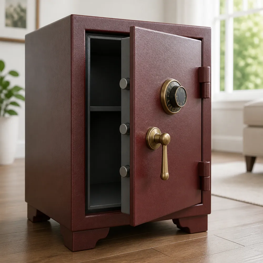 A small floor-standing safe with its door ajar
